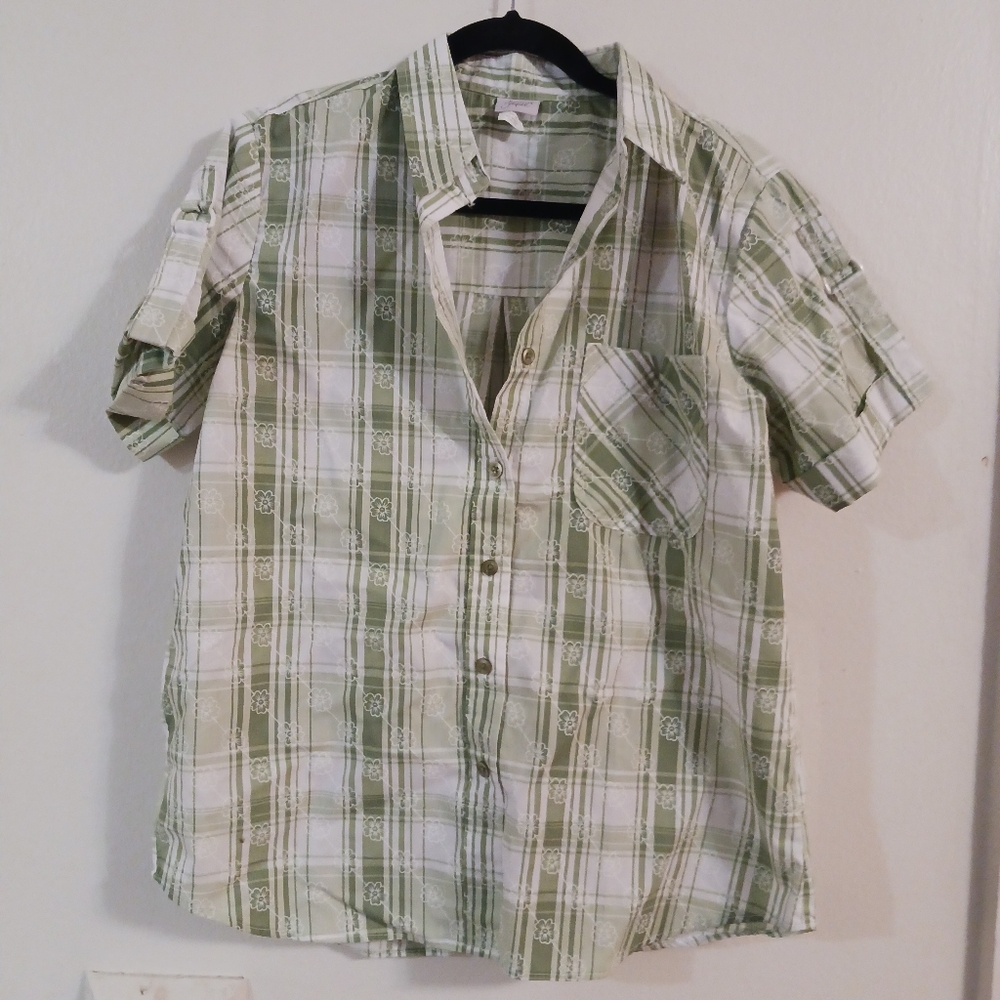 Ðelafield Womans Top Short Cotton Blend Pocket Floral Plaid Size Medium Button